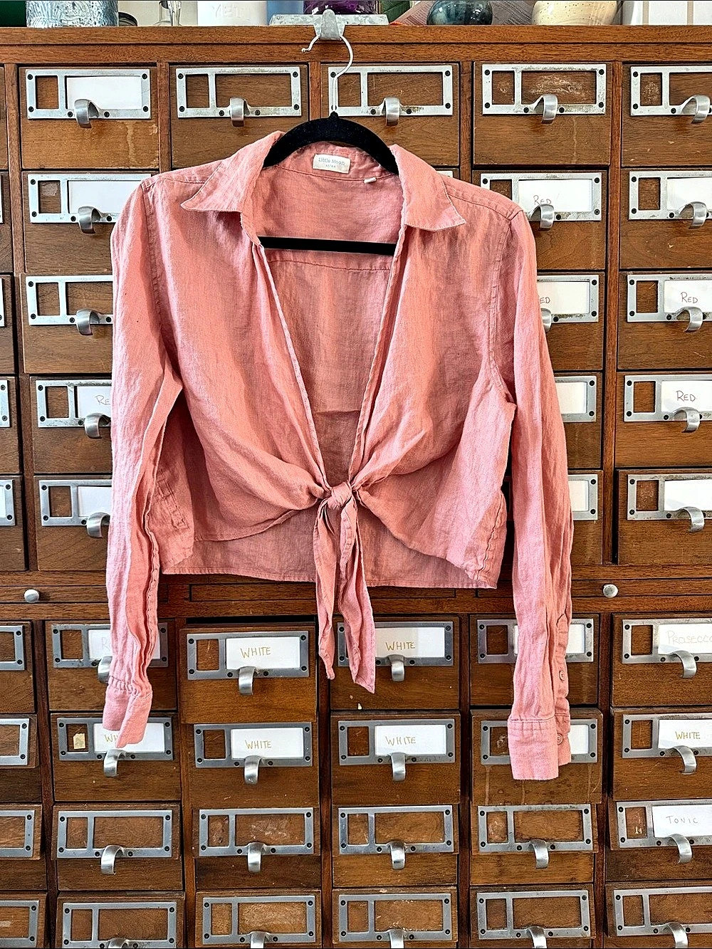 Aritzia Little Moon Connection Linen Blouse Tie-Front Pink Small